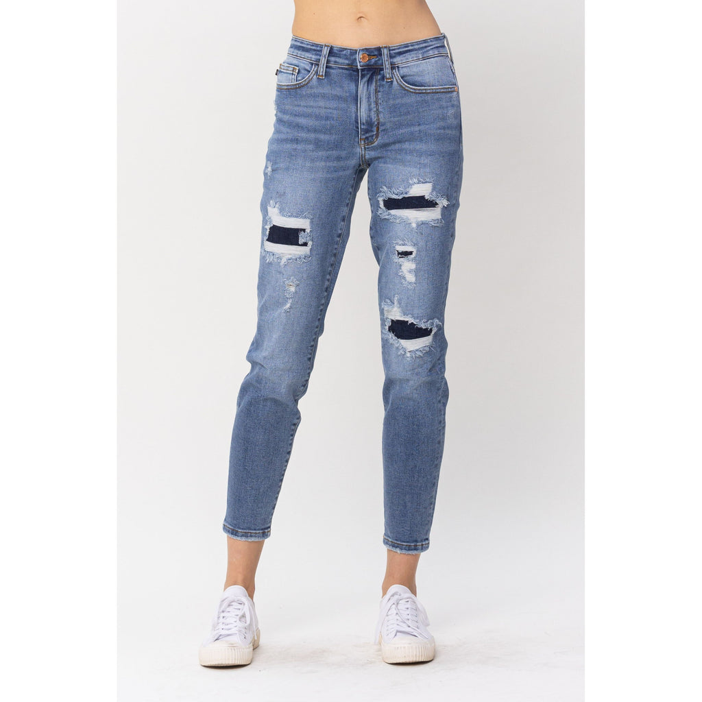 Audrey Navy Blue Patched Destroy Relaxed Fit Jean