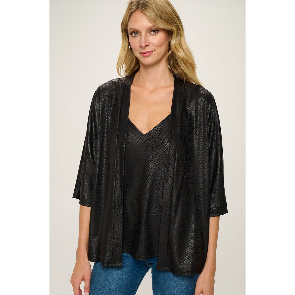 Easton Three Quarter Kimono Sleeves Faux Leather Cardigan