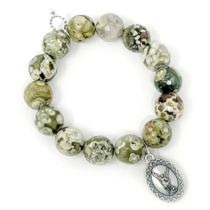 Faceted Camouflage Agate with Saint Michael-Patron Saint of Policeman, Firefighters & Military