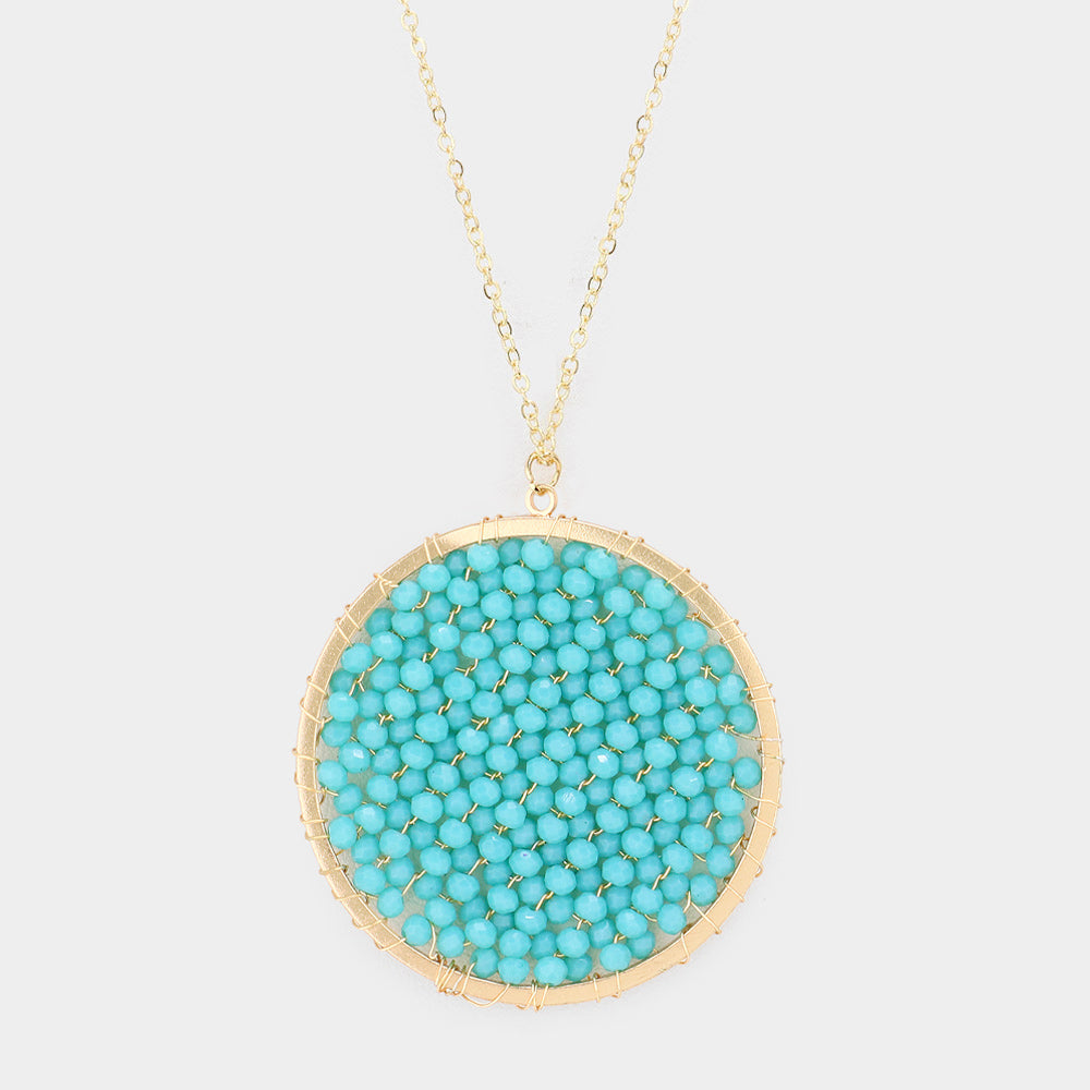 Faceted Bead Wrapped Round Pendant Long Necklace