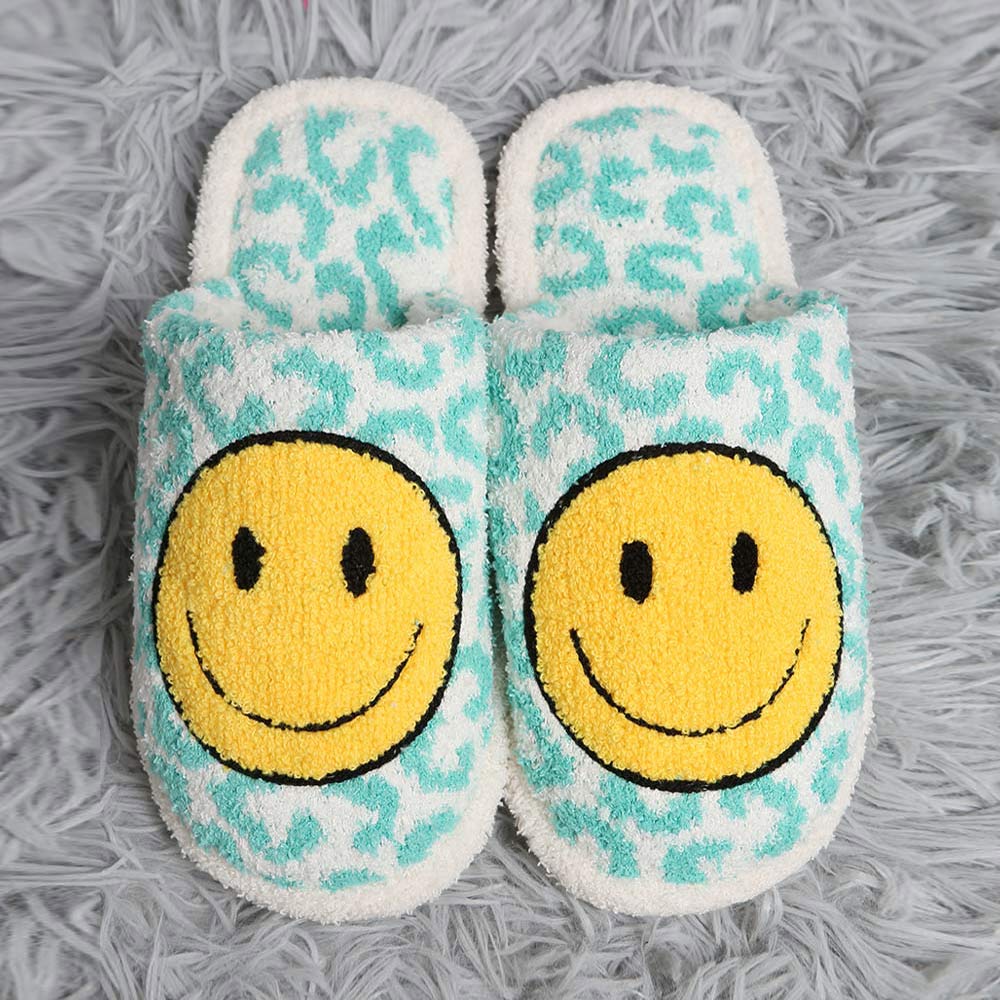 Smile Accented Leopard Patterned Soft Home Indoor Floor Slippers