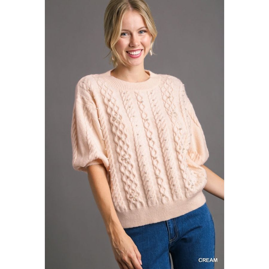 Piper Crewneck Cable Knit Pullover Sweater with Pearls