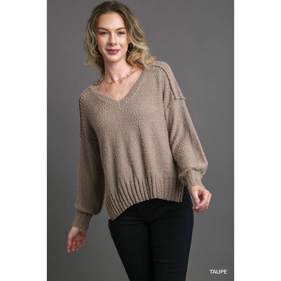 Paige Solid V-Neck Long Sleeve Sweater Top with Side Slit