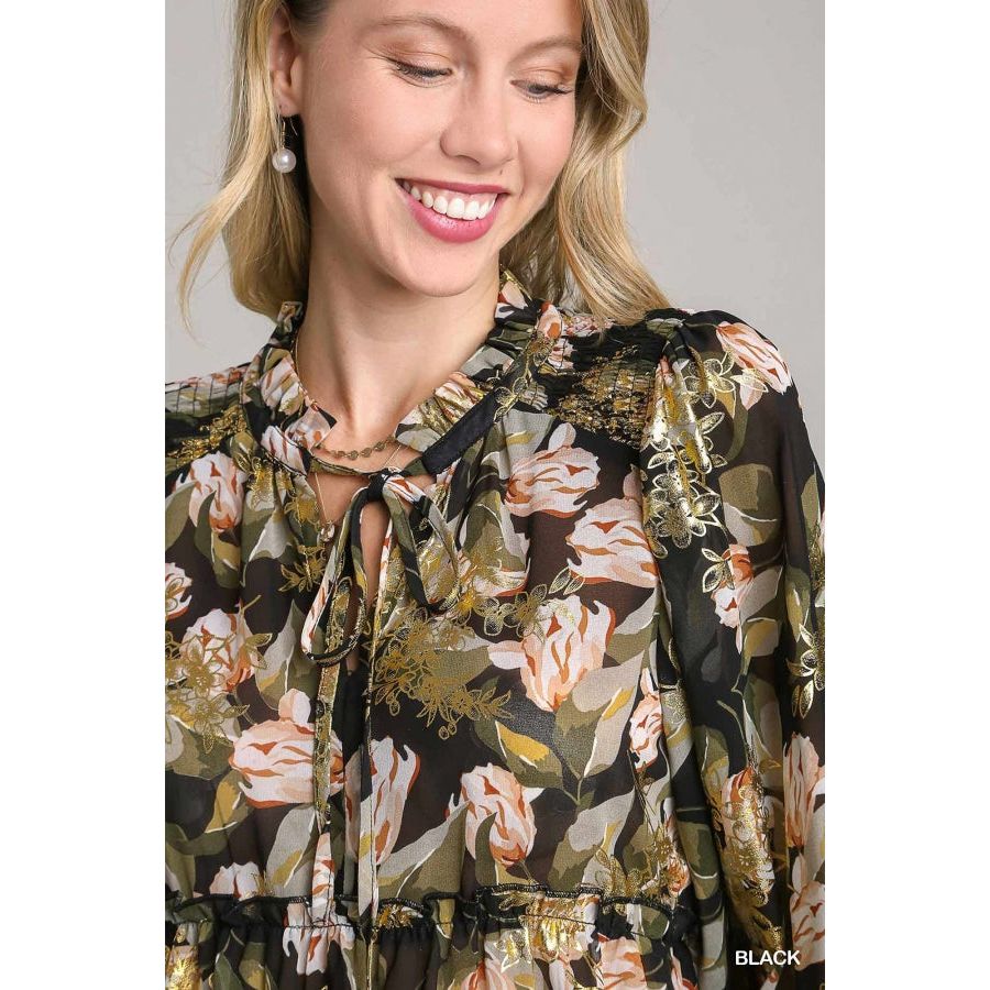 Gianna Gold Foil Floral Printed Top with Tassel Detail