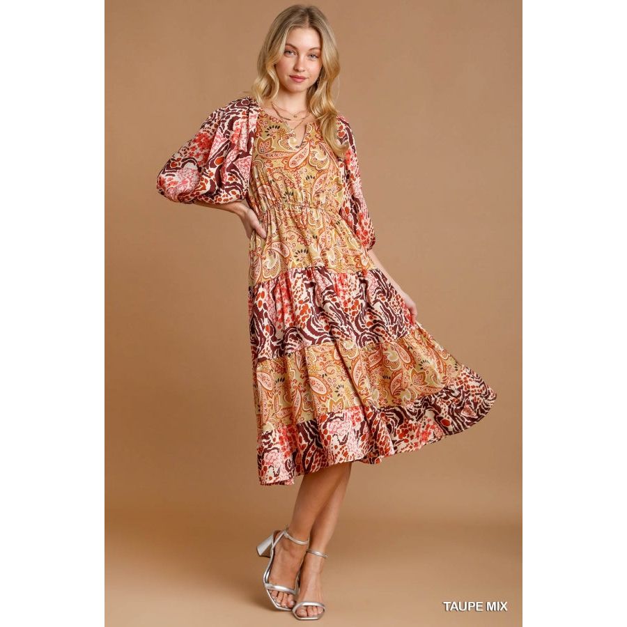 Ingrid V-Notched Mixed Print Tiered Dress with 3/4 Cuffed Sleeve