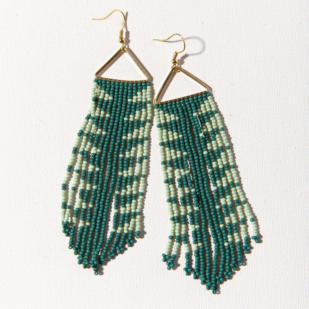 Teal With Mint Arrow Fringe On Triangle Earring