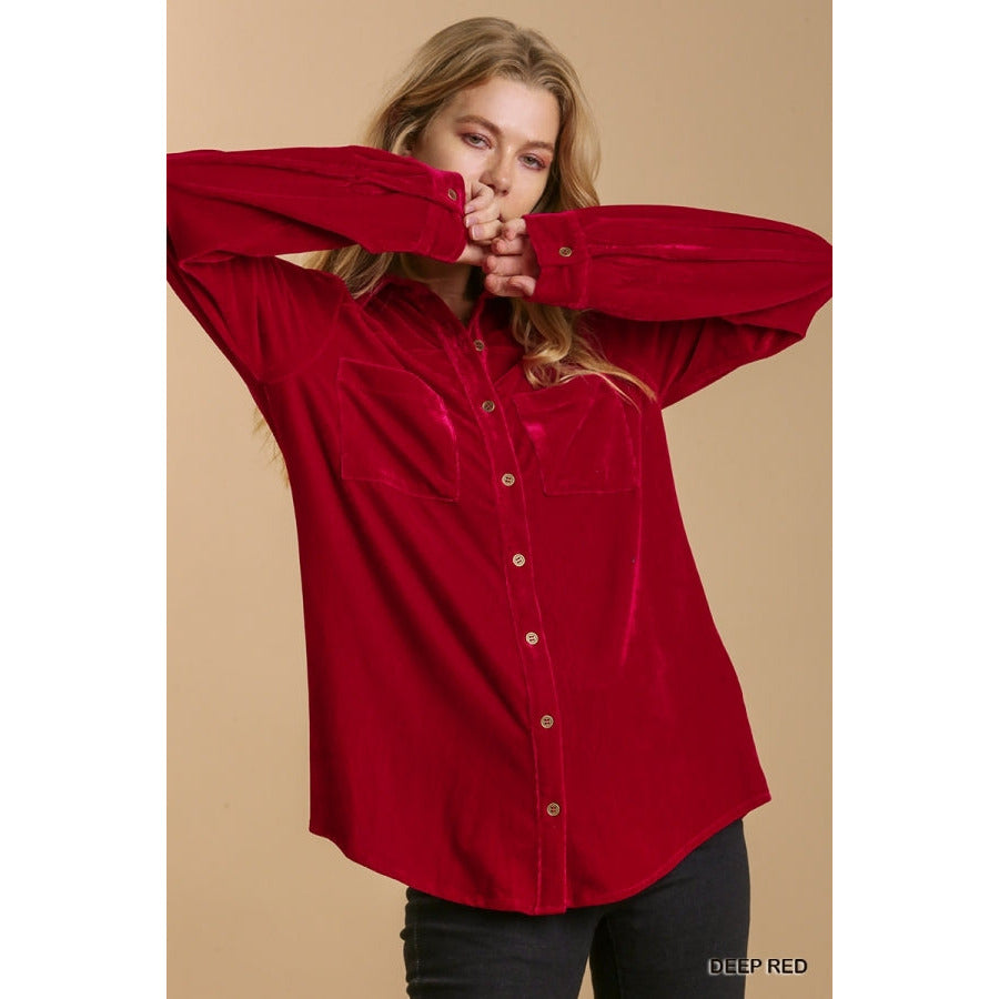Karmen Long Sleeve Velvet Button Up Top with Pockets
