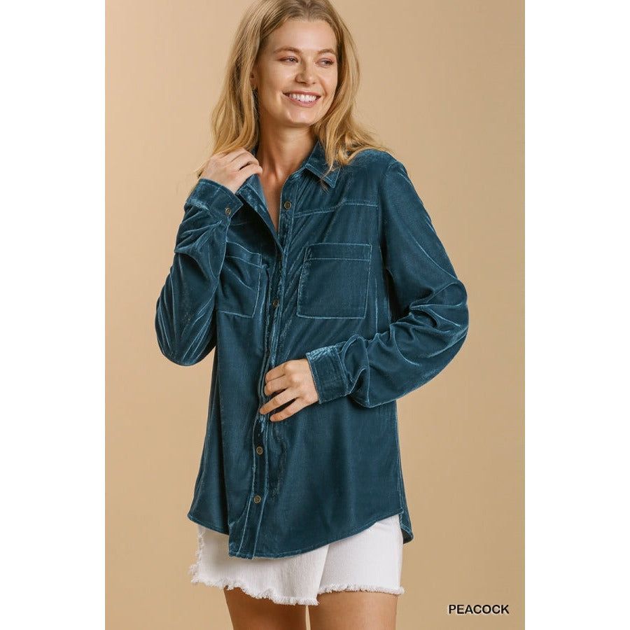 Karmen Long Sleeve Velvet Button Up Top with Pockets